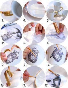 the instructions for how to paint a heart on a white plate with gold trimmings