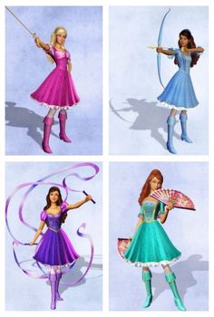 four different colored dresses and umbrellas for the barbie doll game, which is based on disney's princesses