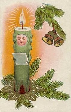 an old fashioned christmas card with a candle and bells