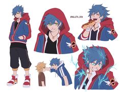 an anime character with blue hair, wearing red hoodie and holding a hot dog