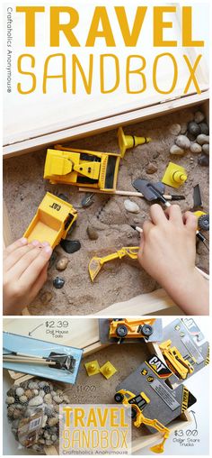 two pictures with different types of construction equipment in them and the words travel sandbox