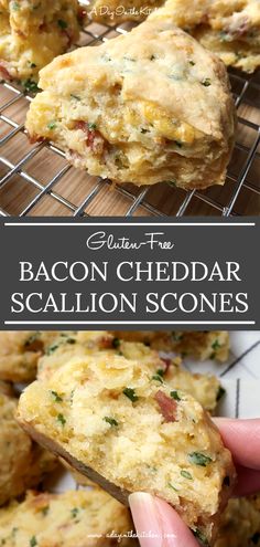 bacon cheddar scones on a cooling rack with text overlay that reads southern fried bacon cheddar scallion scones