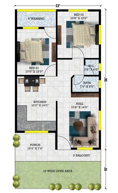 a floor plan for a small house with two beds and one living room in the middle