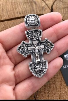 "Silver double-sided cross \"Crucifixion of Christ. Archangel Michael. Holy Trinity. St. blgv. book Alexander Nevskiy. Orthodox cross\" . Art. 0133. ✔️Silver 925 with blackening ✔️Weight 13 grams (+- 1 grams) ✔️Size 55/32 mm ✔️Lanyard is not included in the price! ✔️Possible production in: 🟡Gold 14K or 18K (red, yellow, white) 🌕24K gold plated sterling silver 🔘Silver with blackening or rhodium Need more information? If you have any questions please don't hesitate to contact us!" Symbolic Crucifix Jewelry Gift, Symbolic Crucifix Jewelry For Gifts, Silver Symbolic Crucifix Jewelry, Silver Byzantine Cross Jewelry, Symbolic Crucifix Cross Necklace As Gift, Handmade Byzantine Crucifix Jewelry, Handmade Byzantine Style Crucifix Jewelry, Silver Crucifix Collectible Jewelry, Silver Crucifix Jewelry Collectible