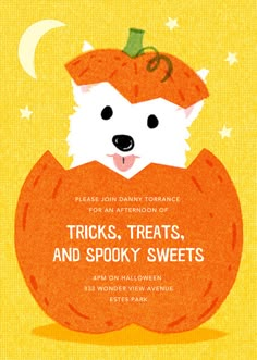 an orange pumpkin with a white dog inside it and the words trick's treats, and spooky sweets