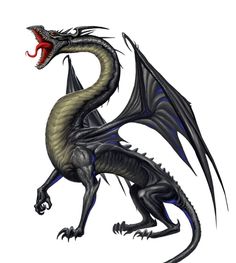 a large black dragon with red eyes and long tail, standing in front of a white background