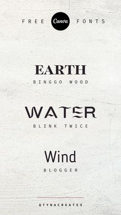 four different types of font and numbers on a white background with the words earth, binggo wood, water, blink twice, wind blogger