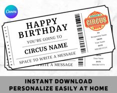 two tickets with the words happy birthday and circus on them, sitting next to each other