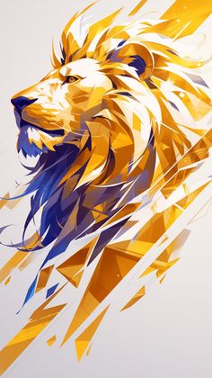 an abstract lion's head is shown in yellow and blue