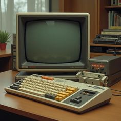 an old computer sitting on top of a wooden desk