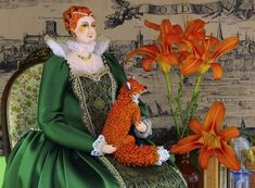 a doll sitting on a chair next to flowers and a vase with orange lilies