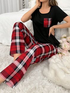 Women's Plaid Pajama Set Black Casual-Woman    Plaid Pant Sets Slight Stretch Spring/Fall Women Sleep & Lounge, size features are:Bust: ,Length: ,Sleeve Length: Fall Pajamas, Plaid Pant, Plaid Set, Red Pajamas, Christmas Pjs, Plaid Pajamas, 2024 Christmas, Pant Sets, Womens Pyjama Sets