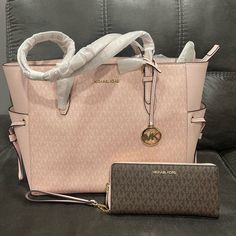 This Beautiful Nwt Michael Kors Large Pink Tote Bag With Matching Wallet. Perfect Color For Spring/Summer. Smoke Free Home. Details: Tote Bag Saffiano Leather 100% Leather From Tanneries Meeting The Highest Standards Of Environmental Performance Gold-Tone Hardware 17”W X 11.5”H X 6.25”D Handle Drop: 11” Interior Details: Back Zip Pocket, 2 Front Slip Pockets Lining: 100% Polyester Zip Fastening Dust Bag Not Included Wallet: Michael Kors Jet Set Travel Continental Wristlet Wallet Mk Signature Bro Pink Tote Bag, Pink Tote Bags, Pink Tote, Blush And Gold, Wristlet Wallet, Kors Jet Set, Pink Brown, Michael Kors Jet Set, Michael Kors Bag