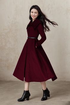 Simple and elegant, this fit and flare burgundy coat will be a timeless addition to your outerwear line-up. This wool coat is very warm in winter while the fabric is cosy and the large hemline can be turned up. ★★FEATURES 50% wool, 50% fiber and nylon Fully liner with polyester Two side Seam pockets Bigger collar Long sleeve coat Single Button front Closure Fit and Flare coat Below knee length Perfect for Winter, Autumn Dry clean ★★ Mode size Height approx 170 cm (5′ 7″)  Bust 84 cm (33") bust W Warm Winter Dress, Elegant Burgundy Long Coat, Elegant Burgundy Fall Outerwear, Elegant Burgundy Outerwear For Winter, Elegant Burgundy Winter Outerwear, Burgundy Long Coat For Winter, Maroon Coat, Wool Maxi Coat, Warm Winter Dresses