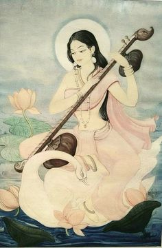 a painting of a woman sitting on top of a swan holding a musical instrument in her hand