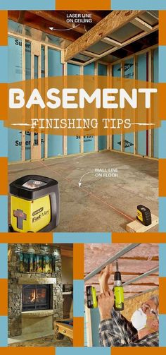 an advertisement for basement finishing tips with pictures of the interior and exterior walls, including wood framing