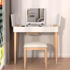 a white desk with a mirror and chair in front of it