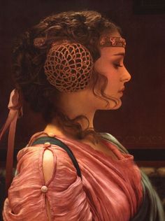 a painting of a woman wearing a pink dress and head piece with lace on her hair