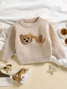 Baby Boy Round Neck Long Sleeve Cute Bear Sweater Apricot   Long Sleeve Knitwear Animal,Cartoon,Letter Pullovers Slight Stretch  Baby Boys Clothing, size features are:Bust: ,Length: ,Sleeve Length: Crochet Bear Sweater, Apricot Sweater, Baby Boy Sweater, Bear Sweater, Pull Bebe, Cartoon Letters, Animal Cartoon, Estilo Hip Hop, Crochet Bear