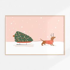 a dog is pulling a sled with a christmas tree on it