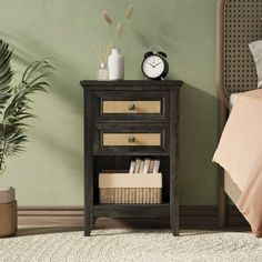 a bedroom scene with focus on the nightstand and bed in the foreground, there is a plant next to it