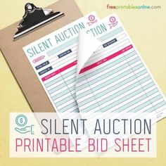 a clipboard with the words silent auction printable bid sheet on it next to a clipboard