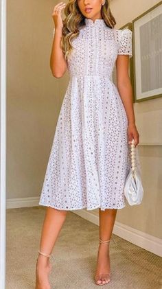 Elegant Knee-length Midi Dress With Broderie Anglaise, Knee-length Broderie Anglaise Midi Dress, Fitted V-neck Midi Dress With Broderie Anglaise, Feminine Midi-length Eyelet Dress, White V-neck Broderie Anglaise Midi Dress, Welcome To My Youtube Channel, Frock Fashion, Summer Lace, Mode Casual