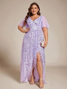 Plus Size Short Sleeves Sequin High Low V-Neck Midi Formal Evening Dress #color_Lavender Lavender Short Sleeve Maxi Dress, Midi Evening Dresses, Formal Maternity Dress, Evening Midi Dress, Silhouette Dress, Formal Evening Dress, Mob Dresses, Affordable Dresses, A Line Dresses