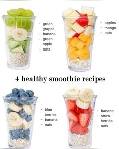 four cups filled with different types of fruits and vegetables in each cup, labeled healthy smoothie recipes