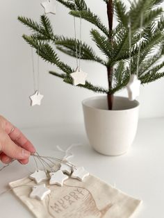 someone is decorating a christmas tree with white stars on the top and one hand