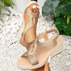 Category:Sandals,Heels; Upper Materials:Microbial Leather,Linen; Embellishment:Sequin; Heel Type:Wedge; Gender:Women's; Style:Bohemia,Vacation; Heel Height(inch):3-4; Outsole Materials:Rubber; Occasion:Party,Vacation,Travel,Beach; Closure Type:Elastic Band; Listing Date:04/29/2024; 2024 Trends:Strappy Heels,Espadrille,Wedge Sandals,Boho Bohemia Beach Beach Wedges, Heeled Espadrilles, Summer Footwear, Footwear For Women, Espadrille Wedge, 2024 Trends, Travel Beach, Platform Wedge Sandals, Platform Wedge