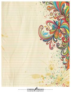 an old paper with colorful flowers and swirls on the edges, in front of a white