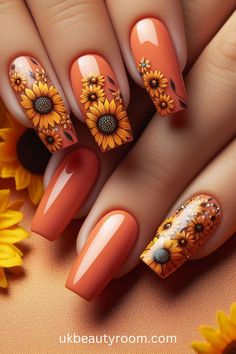 Orange nail designs evoke the lively spirit of summer, reminiscent of sunny days and refreshing treats. From sunset-inspired ombré to creamy, citrusy hues, there are endless creative ways to incorporate shades of orange into your manicure.  summer, spring, fall, winter, natural nails, acrylic, gel nails, dip nails, nail art, oval, squoval, square, almond, round, pink and, short, burnt, blue and, light, red, black and, yellow and, short, coffin Cute Nail Art Designs Summer, Oval Nails Winter Colors, Nail Art Almond Nails, Burgundy Sunflower Nails, Autumn Themed Nails, Fun Orange Nails, Summer Nails Squoval, Ombre Nails With Sunflower, Sunshine Nails Design