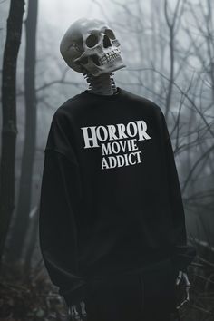 Funny Gothic style T-shirt that says, "Horror Movie Addict" in a vintage style font. Perfect for an alternative, gothic style shirt A great spooky sweatshirt, or for anytime of the year. This is a unisex heavy blend crewneck sweatshirt is pure comfort. These garments are made from polyester and cotton. This combination helps designs come out looking fresh and beautiful. The collar is ribbed knit, so it retains its shape even after washing. There are no itchy side seams on these sweaters.  .: Made with a medium-heavy fabric blend of 50% cotton and 50% polyester (8.0 oz/yd² (271.25 g/m this sweatshirt feels cozy and is the perfect choice for those colder months. .: The classic fit along with the crew neckline deliver a comfy wearing experience with a clean-cut style. Meanwhile, the double-ne Spooky Sweatshirt, Gothic Style, Vintage Music, Style Shirt, Horror Movie, Style Gift, Gothic Fashion, Cut And Style, Horror Movies