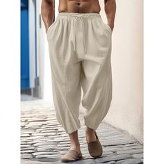 Season:Spring  Summer; Fabric:40% Linen; Gender:Men's; Style:Casual,Classic; Occasion:Going out,Daily,Vacation; Fit Type:Regular Fit; Function:Breathable,Comfortable; Waistline:Mid Waist; Pattern:Plain; Design:Elastic Waist,Drawstring,Pocket; Pants Type:Summer Pants,Linen Pants,Tapered Carrot Pants,Trousers; Fly Type:Elasticity; Front page:FF; Listing Date:02/23/2024; Production mode:External procurement; Hips:; Length:; Waist: Leisure Harem Pants With Pockets, Summer Leisure Parachute Pants With Pockets, Summer Parachute Pants With Pockets For Leisure, Meditation Clothing, Meditation Outfit, Carrot Pants, Mens Linen Pants, Pants Pocket, Pants Linen