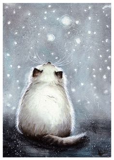 a painting of a cat sitting in the snow with its eyes closed and it's head up