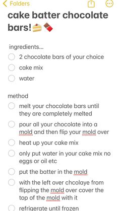 the recipe for cake batter chocolate bars is shown in this screenshoto screen shot