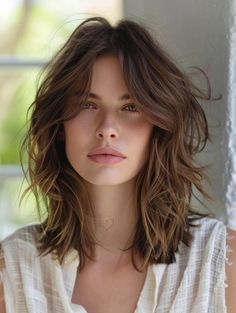 Best Mid Length Hair with Layers: Bangs, Lobs, Side Parts, and More Mid Length Hair With Layers Wavy, Round Face Thick Hair, Wavy Lob Haircut, Wavy Mid Length Hair, Wavy Layered Hair, Layers Bangs, Balayage Long Hair, Long Bobs, Straight Layered Hair