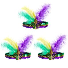 PRICES MAY VARY. Mardi Gras Headbands: This headband is made of three-color feather and sequin, fluffy and comfortable to touch. This feather fascinator will make you look elegant when you are sitting or dancing. Size: Length: 15-18cm/5.9-7.08inch (Including feather); Elastic width: 3cm/1.18inch; Headband circumference: 40cm/15.7inch, adjustable, one size fits most people's head. Package Included: 3 pieces Mardi Gras Fleur De Lis sequin feather headbands, become the central of attention at the M Wedding Multicolor, Masquerade Mask Party, Mardi Gras Masquerade, Sequin Mask, Halloween Cocktail, Feather Mask, Mardi Gras Costumes, Carnival Halloween, Headpiece Hairstyles