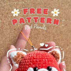 a hand holding a red panda crochet keychain with the caption free pattern