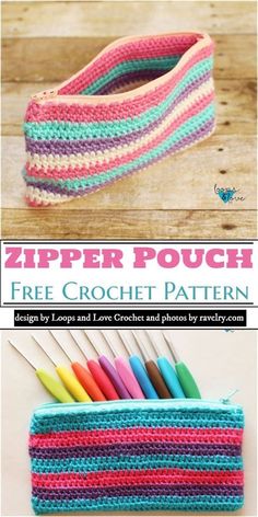 the zipper pouch is made with crochet yarn