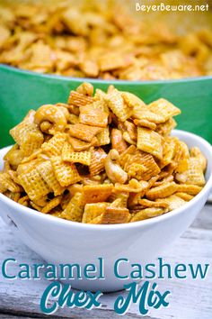 two bowls filled with caramel cashew chex mix on top of a table