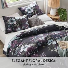 an elegant floral design is featured in this bedding set with matching pillows and blankets