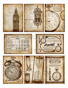 an old timey set of nine postcards with clocks and other things on them