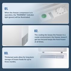 three different types of freezers and refrigerators with instructions on the front, back and side