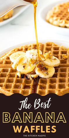 the best banana waffles with syrup being drizzled over them