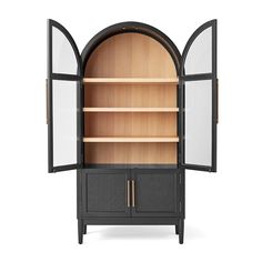 an open bookcase with two doors and shelves on each side, in front of a white background