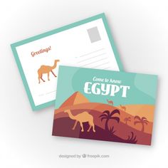 two postcards with camels and giraffes in the desert on them