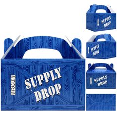 a blue box with the words supply drop on it and four different boxes in front