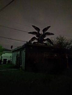 an image of a bird on top of a house at night time with the moon in the background